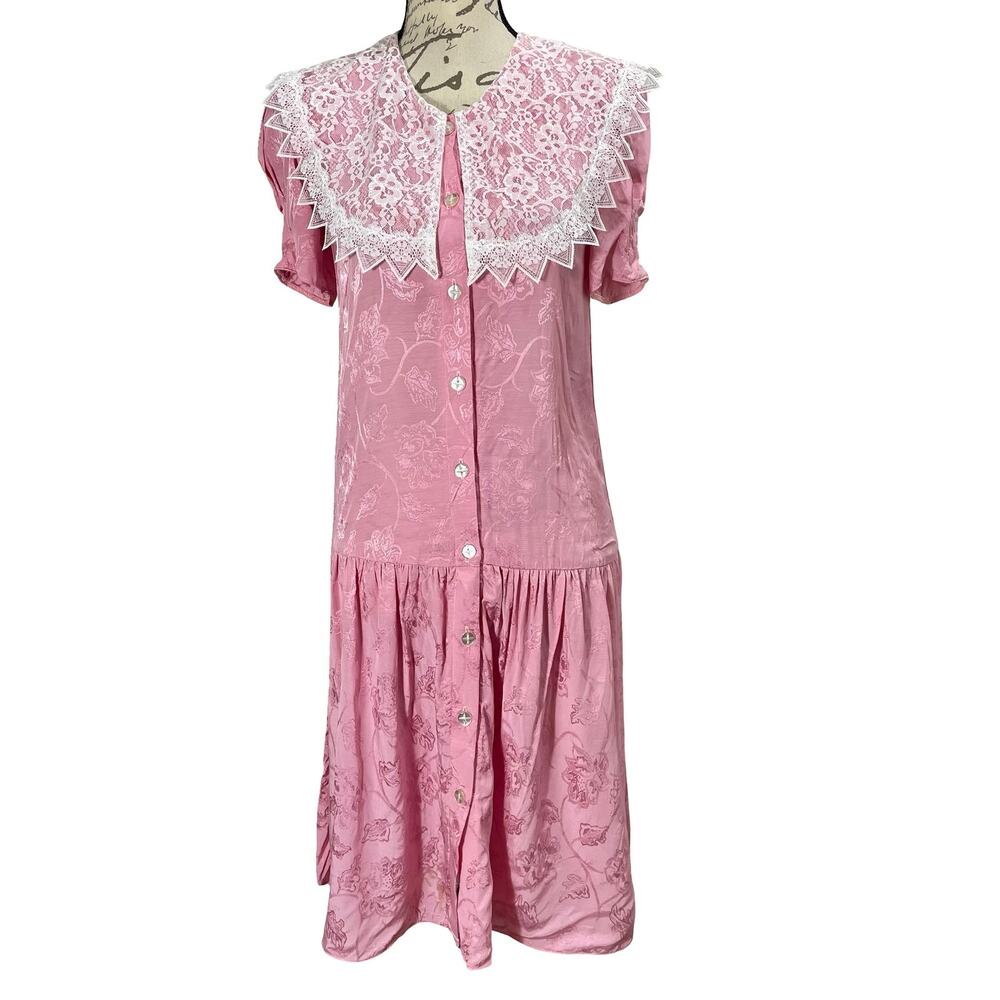 Vintage 90s Gunne Sax Pink Floral Jacquard Tea Dress Drop Waist Lace Bib - Sz 4
